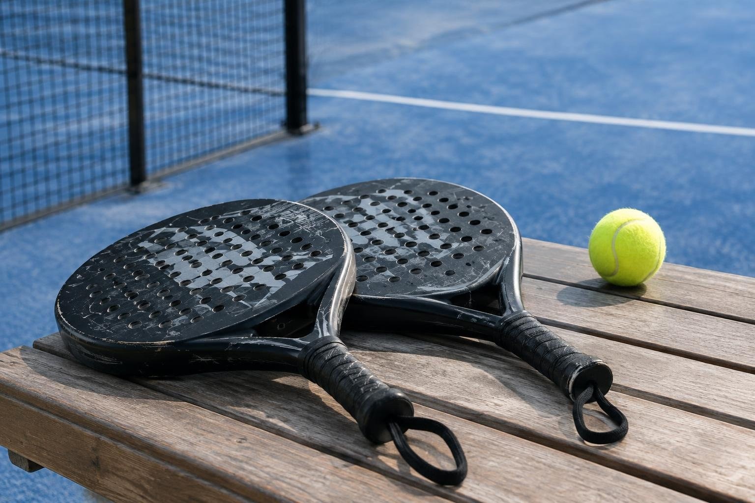 Two black perforated paddles and a yellow ball rest on a wooden bench beside a blue court with a mesh net.