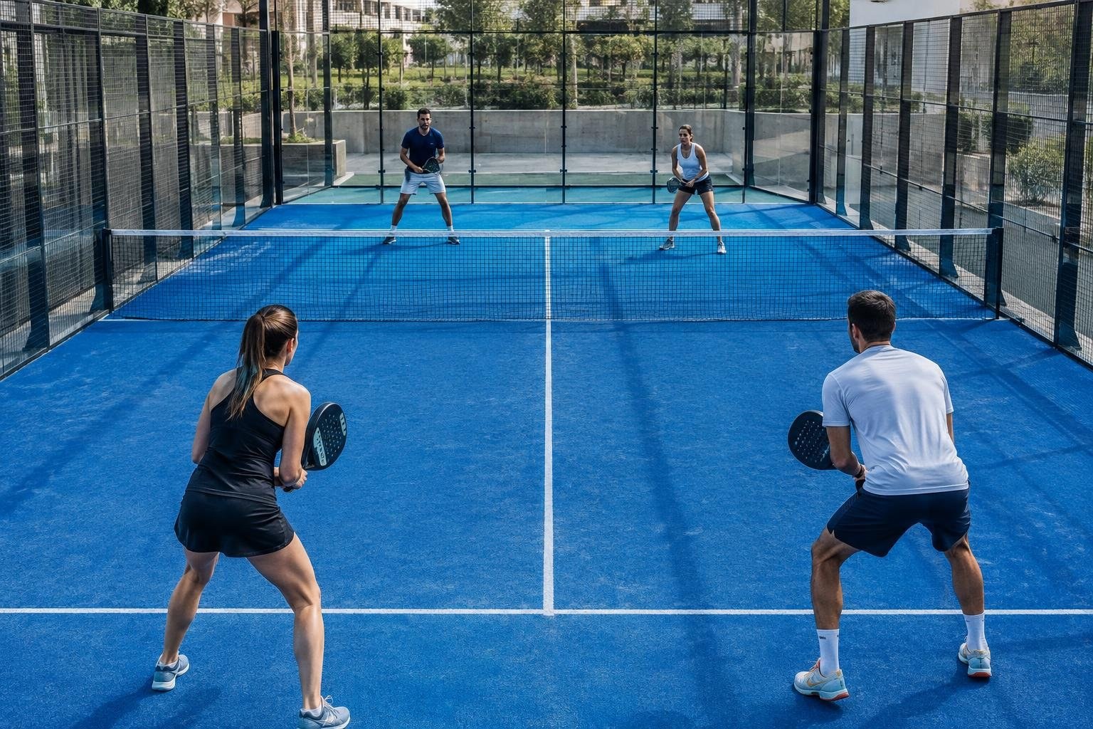 Four players hold paddles in ready stances on opposite sides of a net on a blue outdoor court enclosed by glass and fencing.