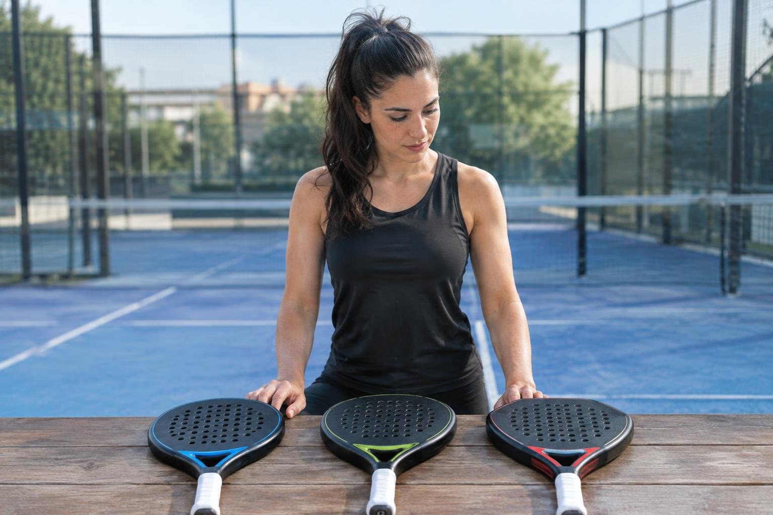 A clearly labeled comparison of the three common racket head shapes A woman in a black sleeveless top stands behind a wooden table, looking down at three padel rackets on an outdoor court.