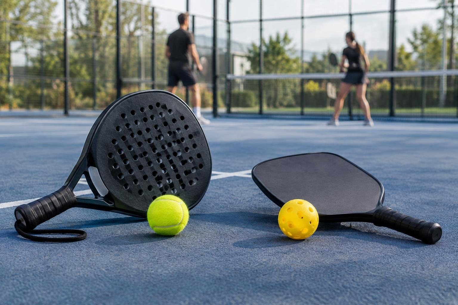 Two dark paddle rackets and a bright green ball and yellow perforated ball lie on a blue court, with two players facing each other across the net behind them.