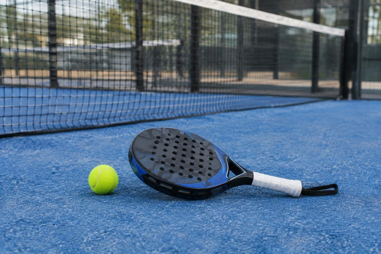 Racket selection and in-person comparison A perforated paddle and bright yellow ball lie on a blue court beside a net, with fenced courts in the background.
