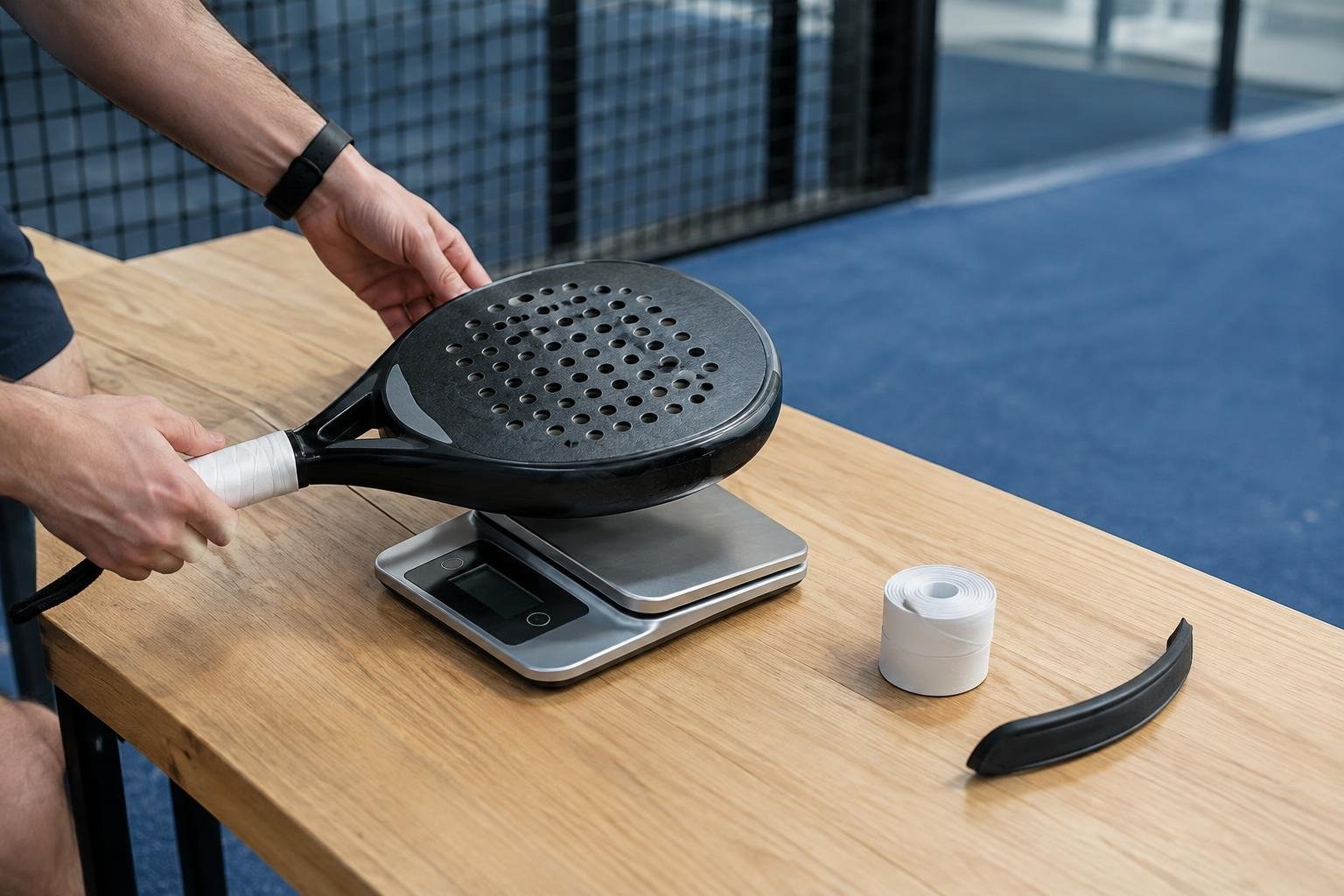 A padel racket, digital scale, overgrip, and edge protector arranged for a weight comparison A person holds a perforated paddle above a digital scale on a wooden table, with a roll of white tape and a curved black piece nearby in an indoor court.