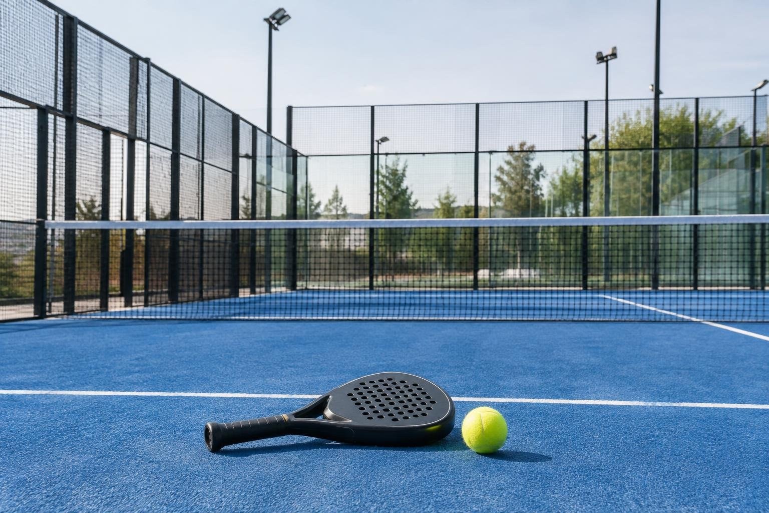Padel court and doubles rally A black perforated racket and a yellow ball lie on a blue court enclosed by tall mesh and glass fencing, with trees and floodlights beyond.