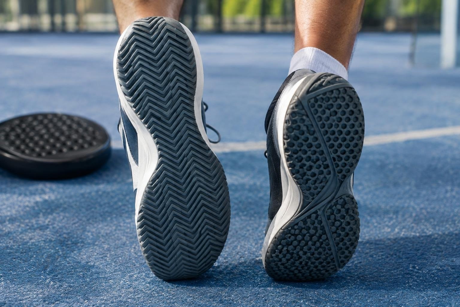 Close view of herringbone and omni-style outsole patterns A person lifts both feet to show the patterned soles of their athletic shoes on a blue court, with a round textured exercise disc nearby.