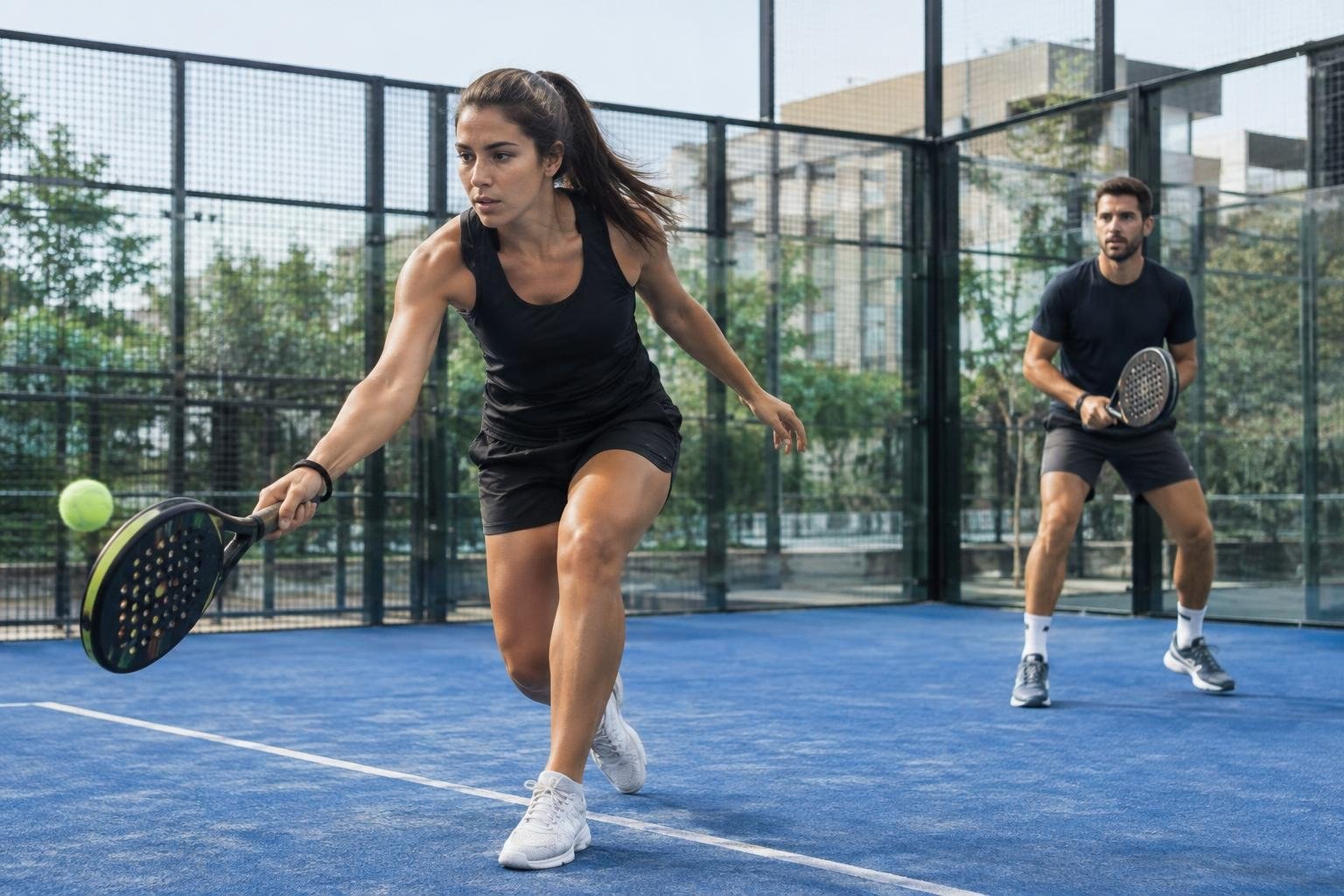 Padel players in motion on court A woman lunges to strike a green ball with a perforated racket on a blue fenced court, while a man stands behind holding his racket.