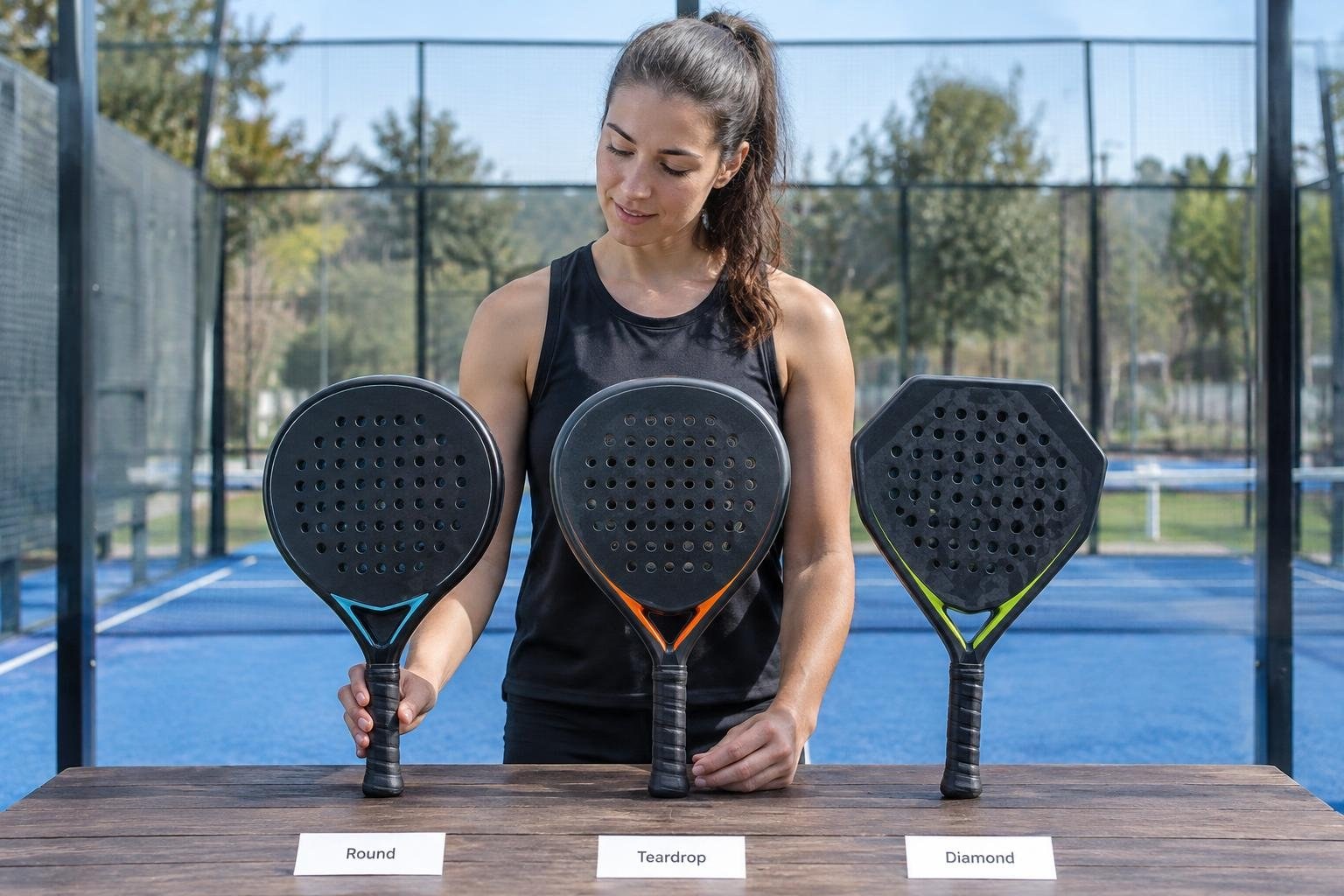 A clearly labeled comparison of round, teardrop and diamond padel rackets A woman in a black sleeveless top stands behind a table, arranging three perforated rackets of different shapes on an outdoor court.