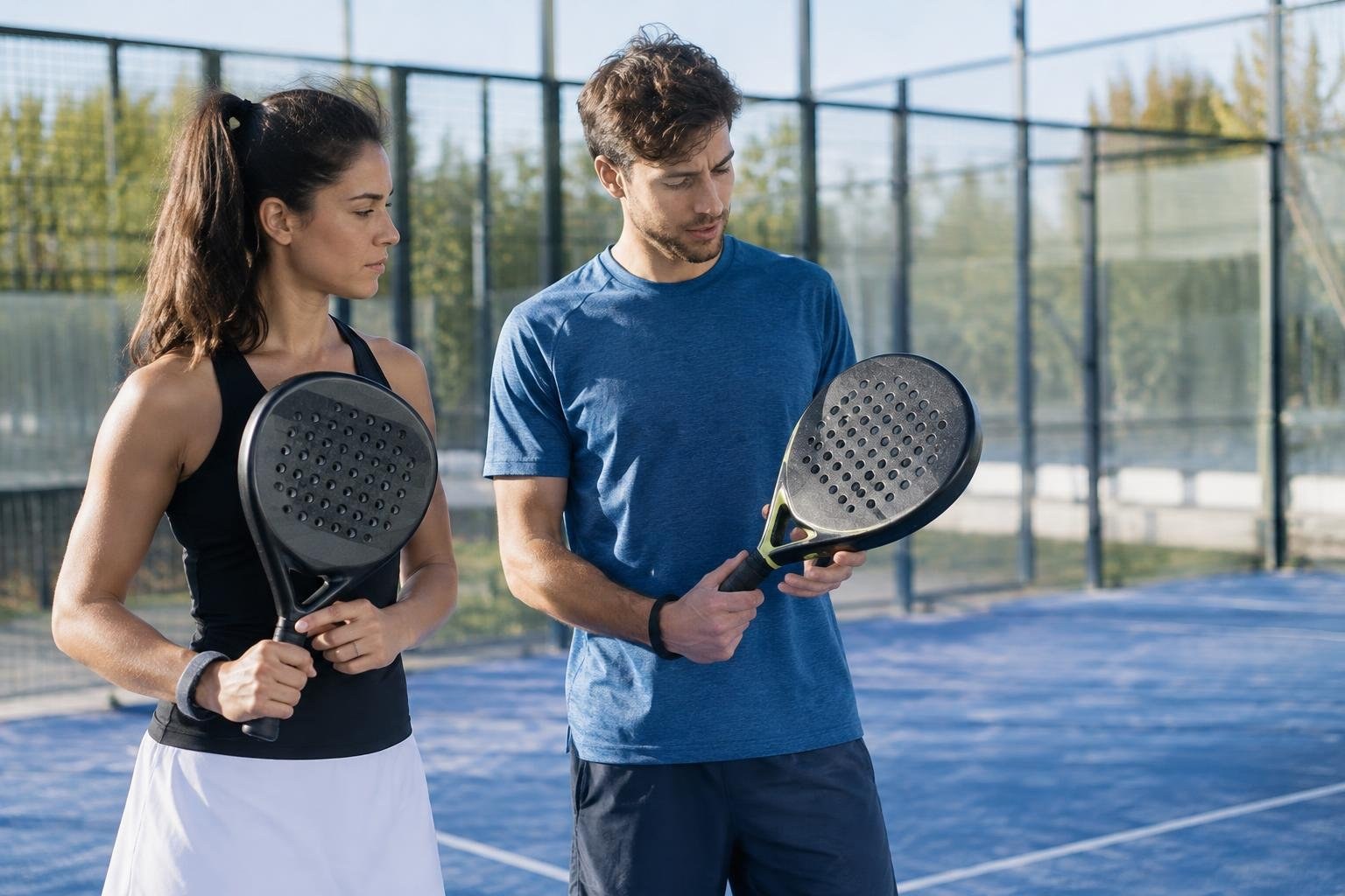 A visual comparison of racket shapes for control and reach A woman and a man stand on a blue court holding perforated paddles and looking down at them, with a tall mesh fence and trees behind.