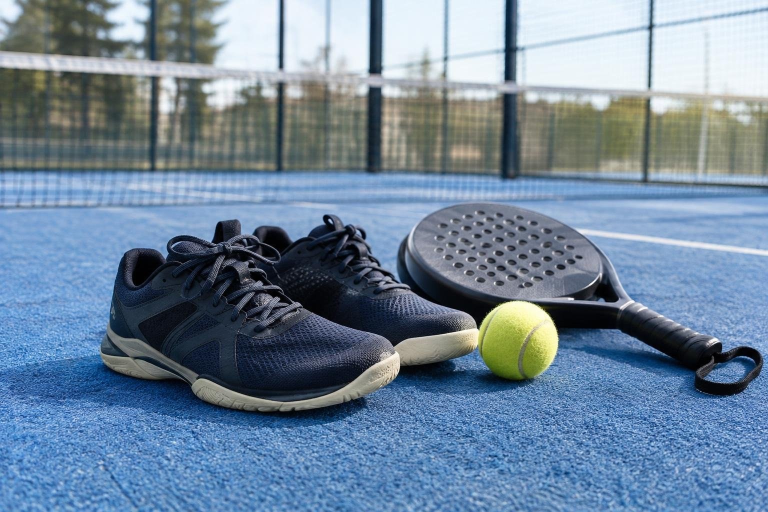 Two dark athletic shoes, a perforated racket, and a yellow ball rest on a blue court enclosed by a mesh fence.