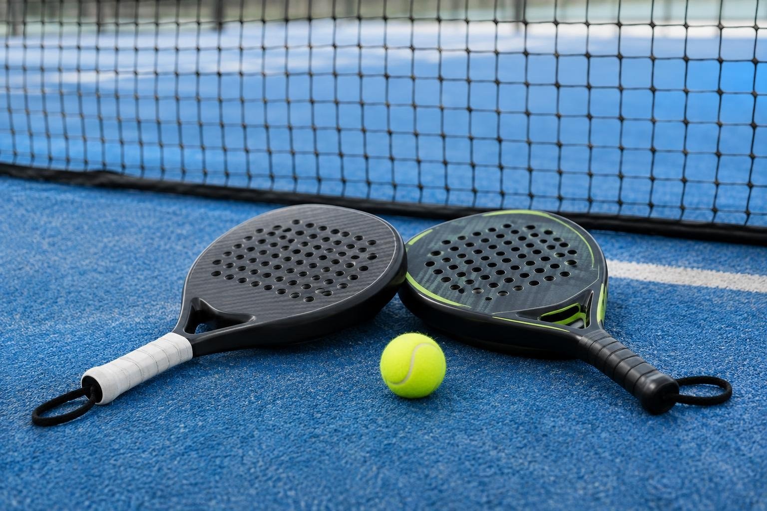 Two perforated rackets and a bright yellow ball rest on a blue court beside a net.