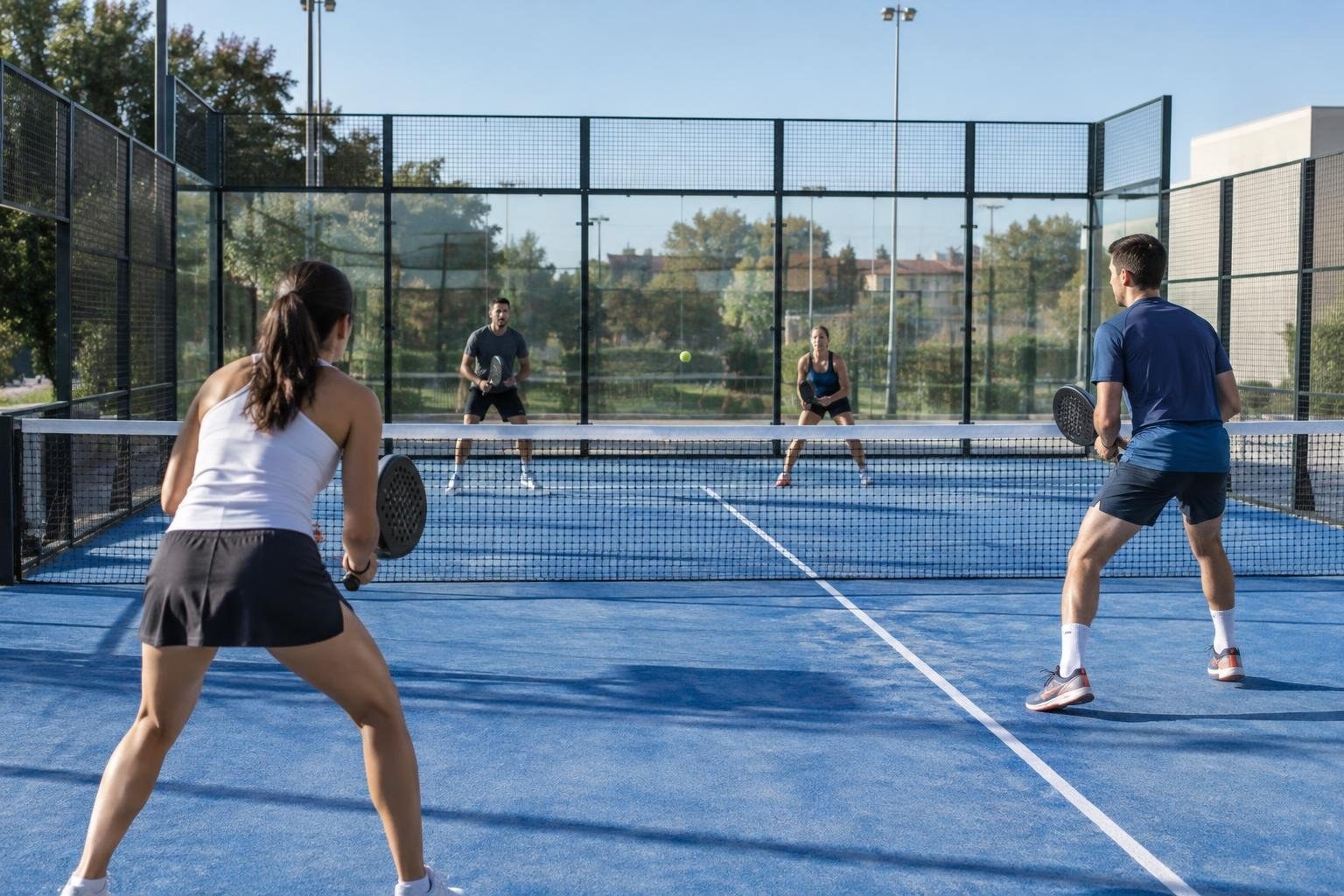 Four players hold perforated paddles on opposite sides of the net as a ball crosses an enclosed blue court.