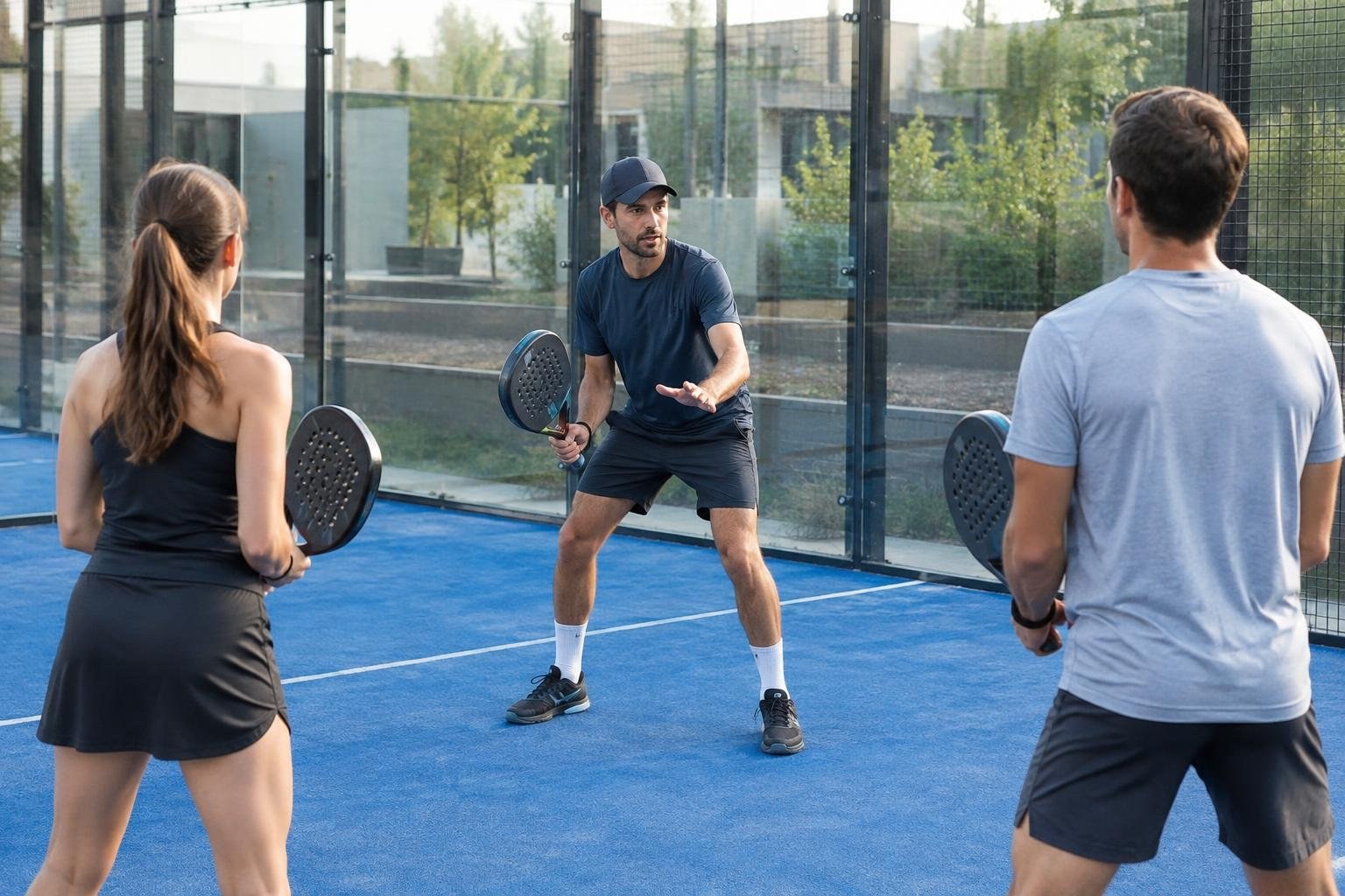 Three adults hold paddles on a blue court, with a man in a cap gesturing between two players; glass walls and greenery surround the court.
