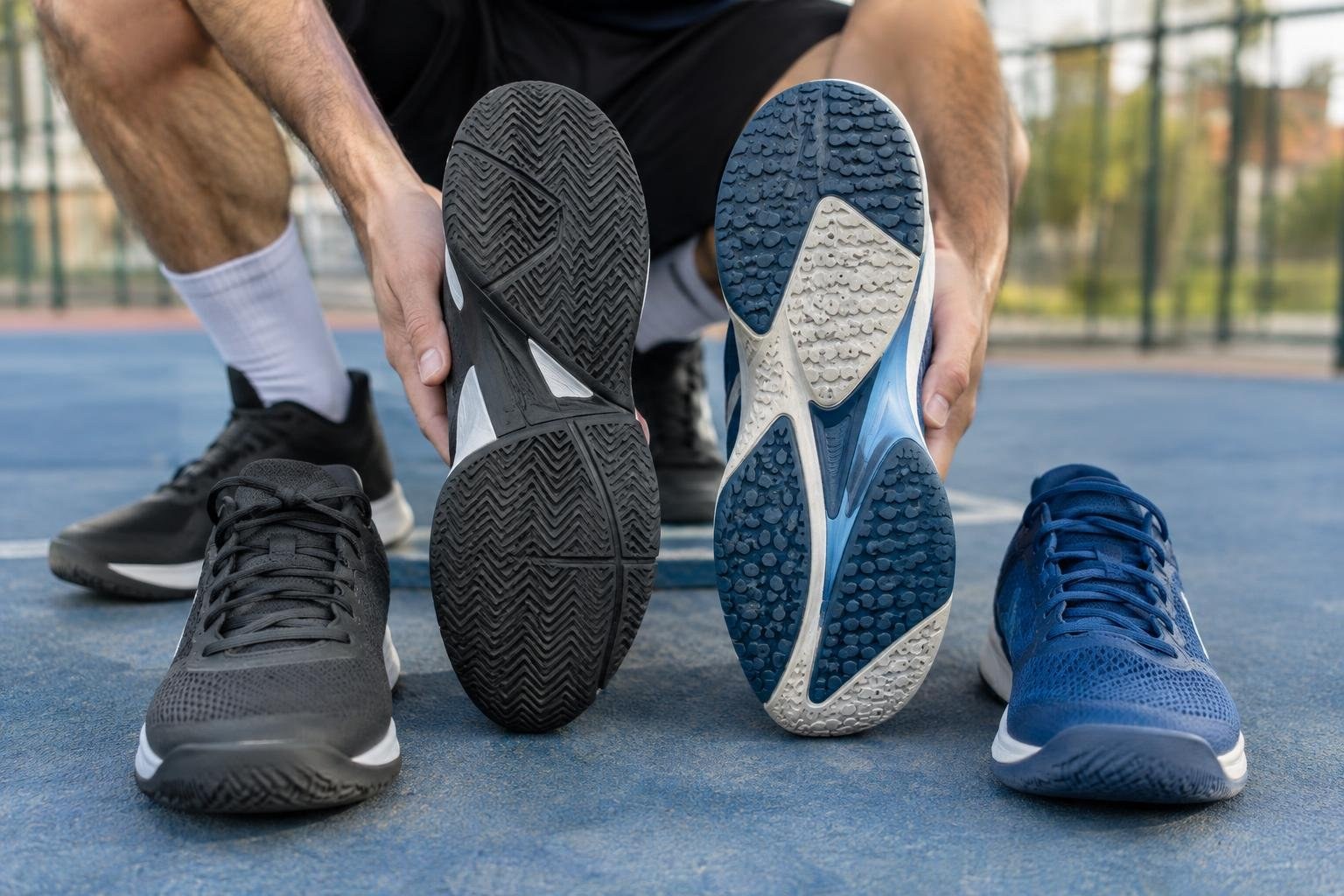 A seated person on an outdoor court holds up the soles of a black shoe and a blue-and-white shoe, with another pair of sneakers on the ground in front.
