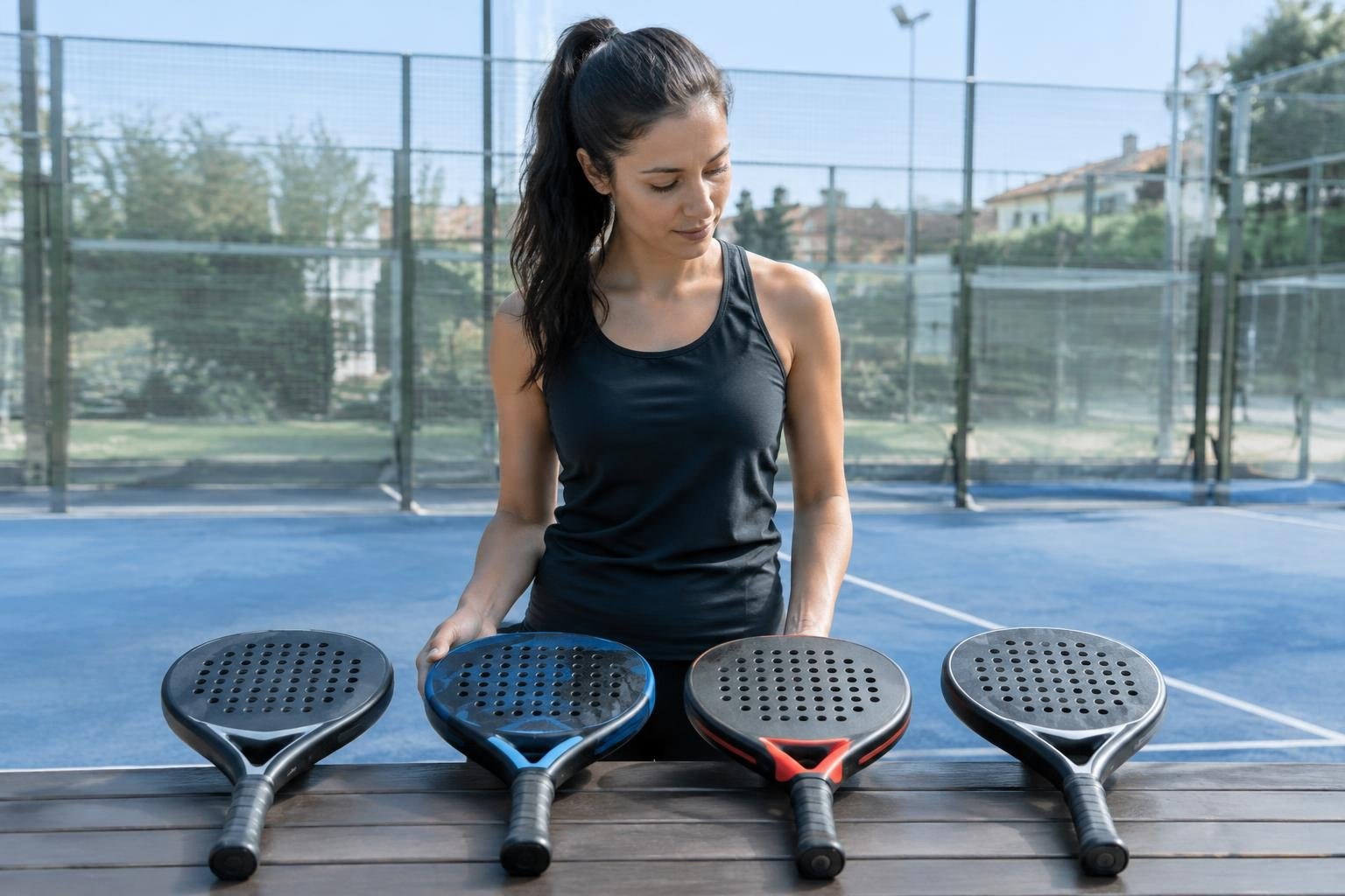 A clear visual comparison of racket shapes without implying that one shape suits every player A woman in a black athletic top looks down at four padel rackets arranged on a table beside a blue outdoor court.